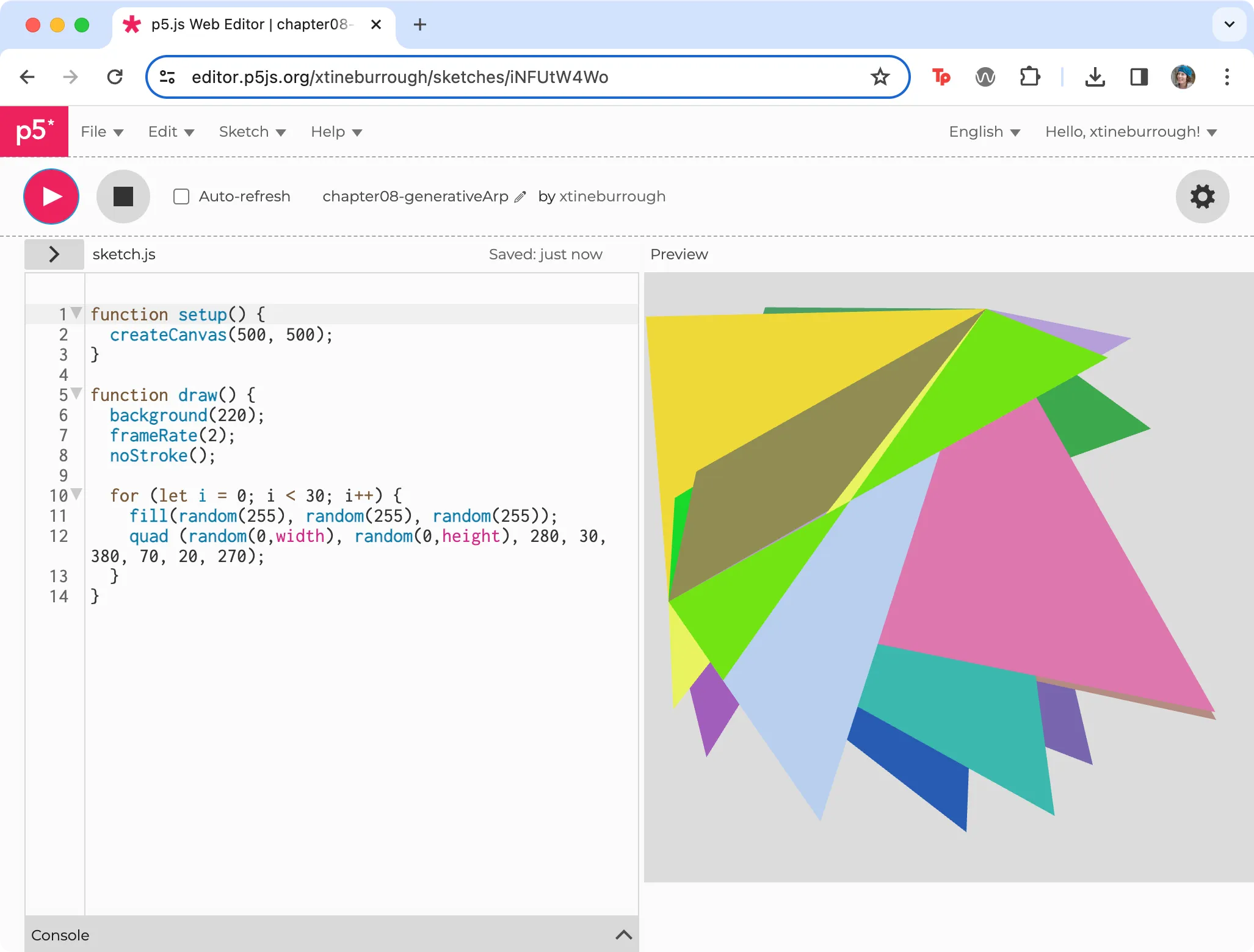 Screenshot of p5.js code with for loop.
