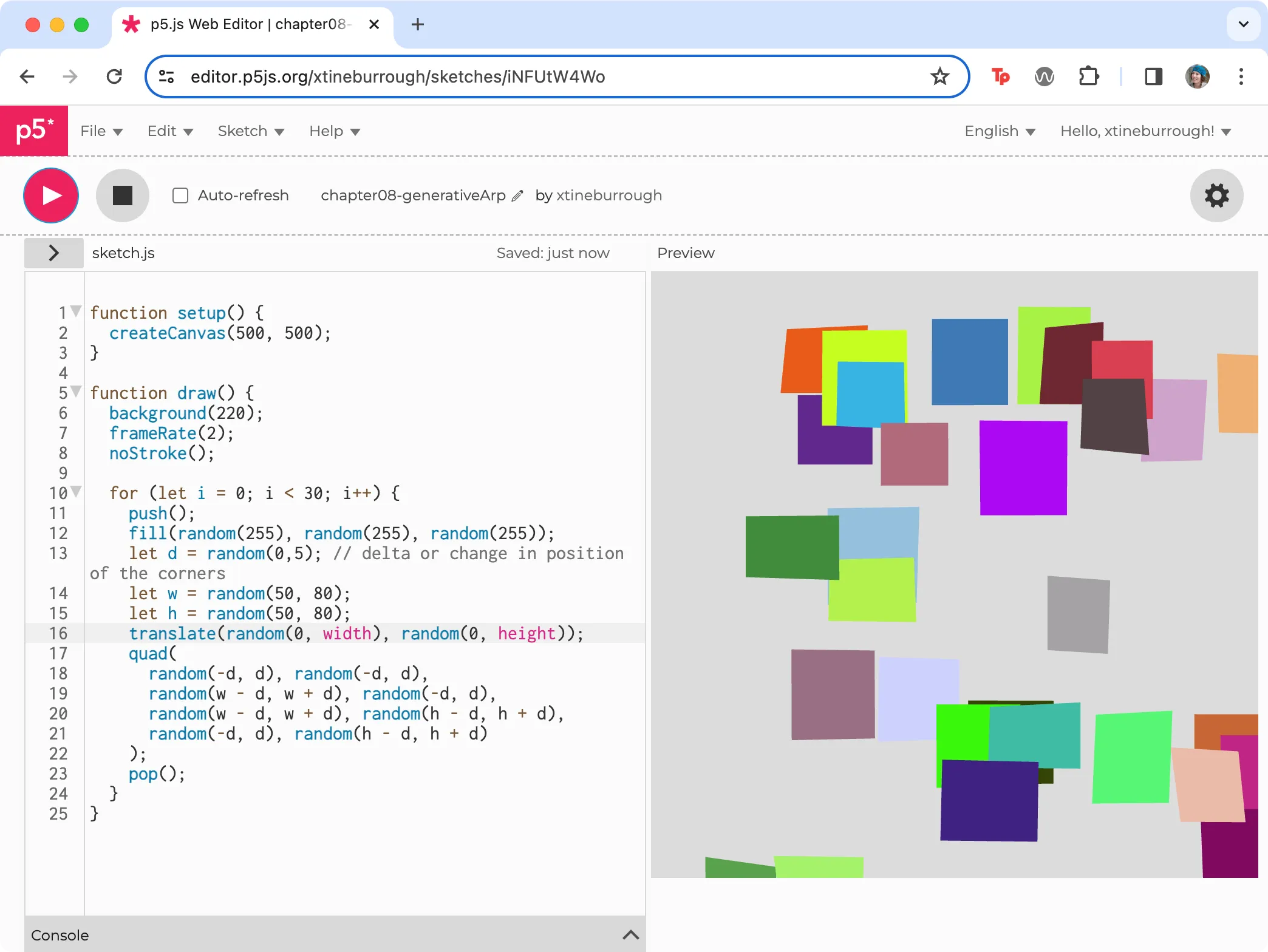 Screenshot of p5.js editor and preview window displaying stacks of quadrilaterals in various colors.