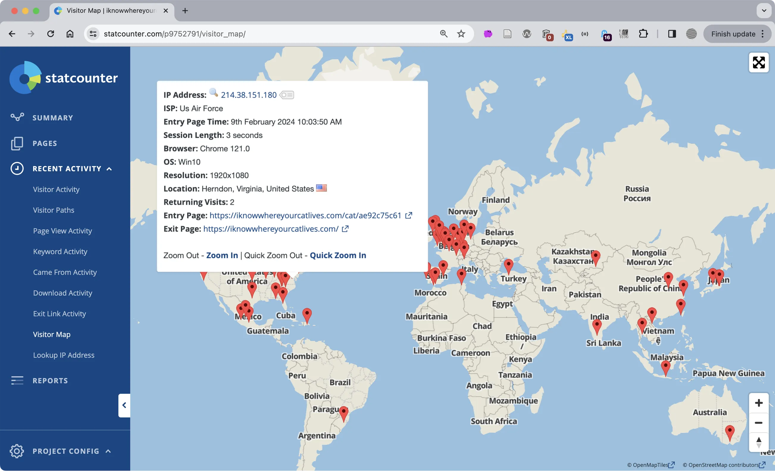 Tan map on a blue background showing statistics about users at each location.