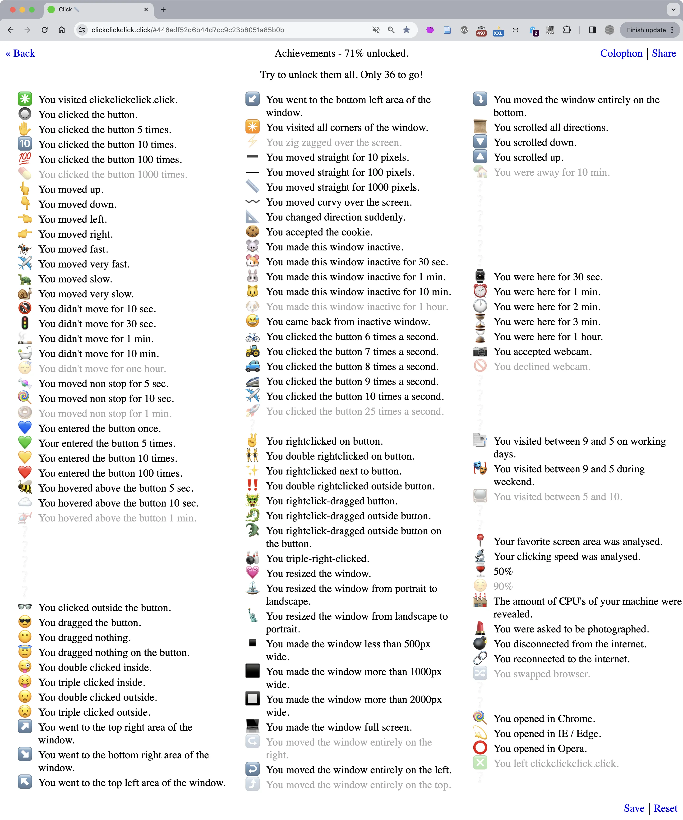 Screenshot of Clickclickclick.click reporting back to the user all of the choices they made.