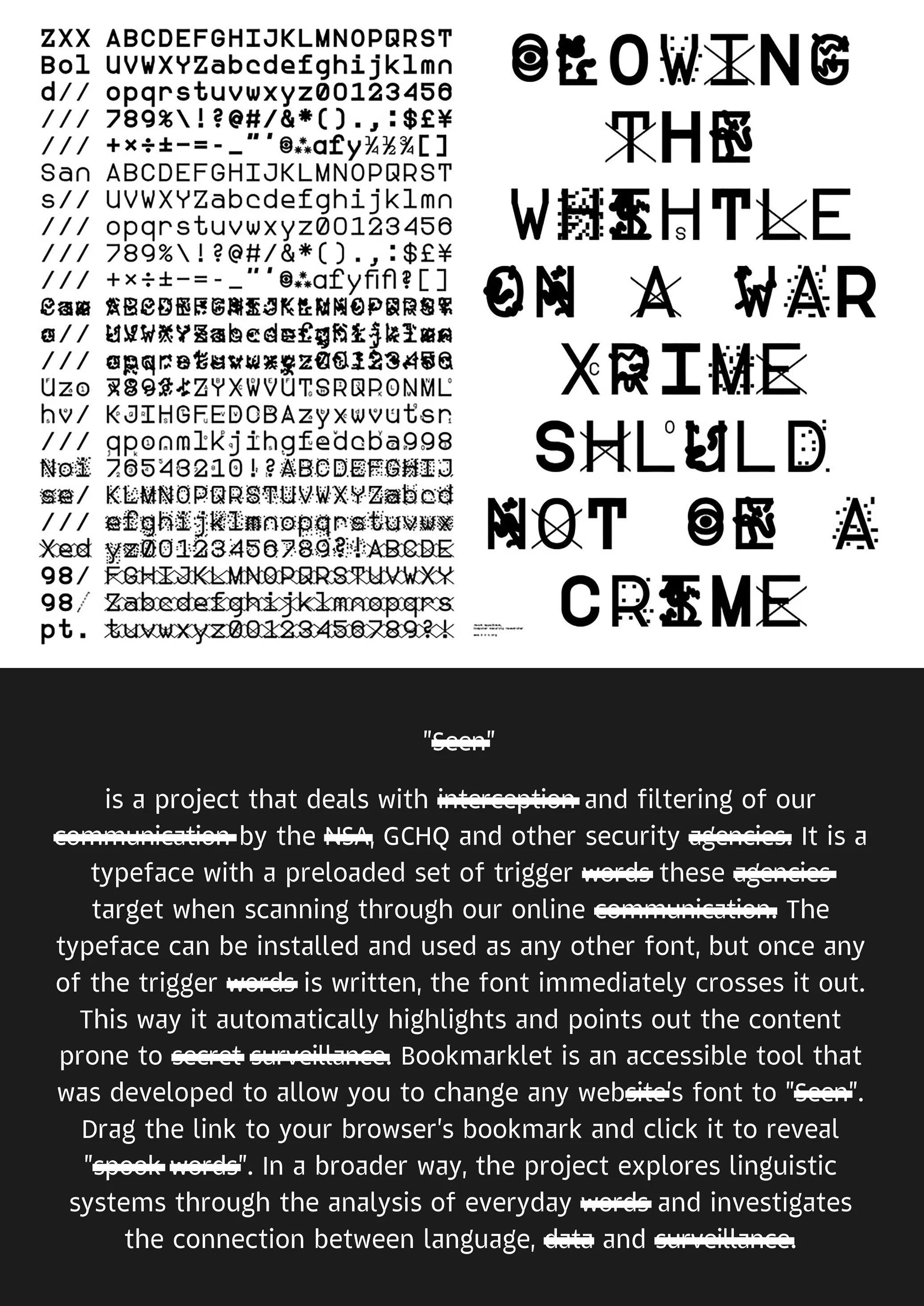 Two custom typefaces presented in black and white.