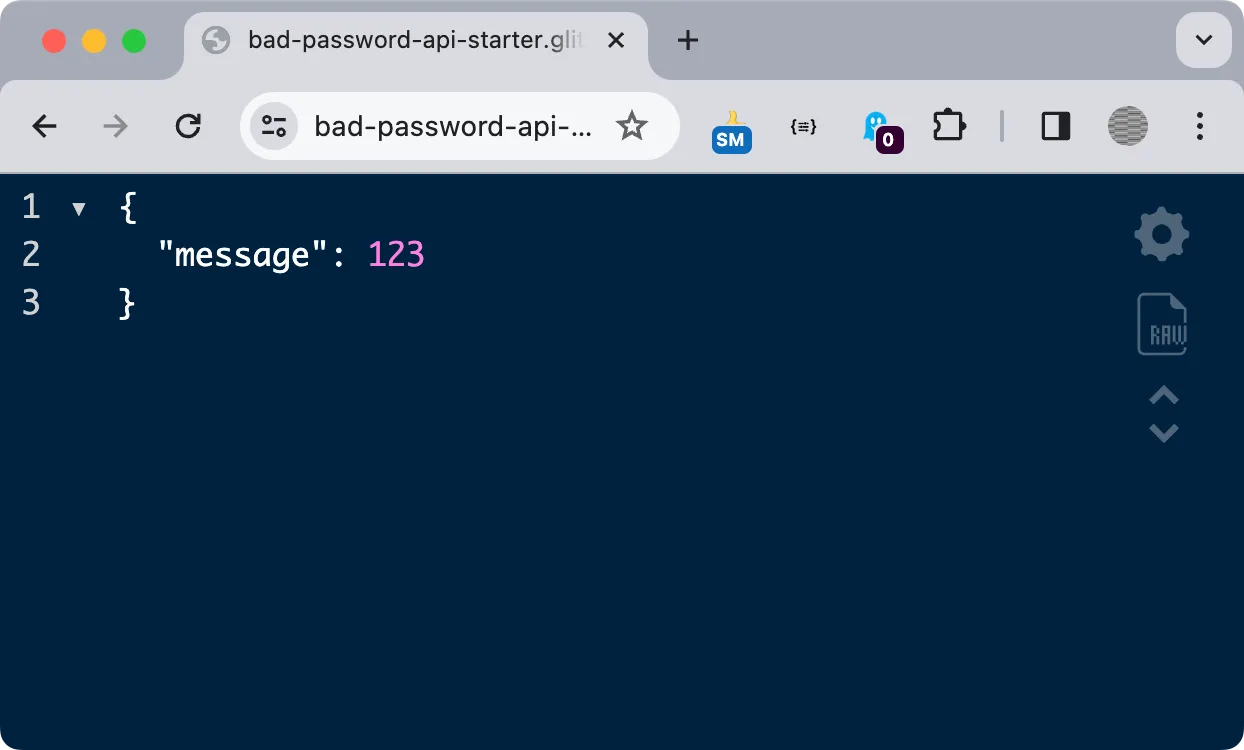 Screenshot showing the returned message in JSON format.