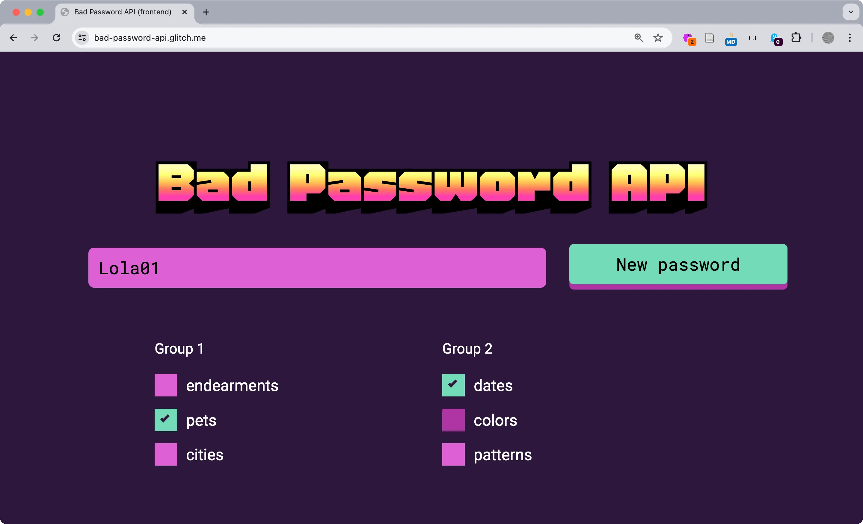 Screenshot of the Bad Password API web page.