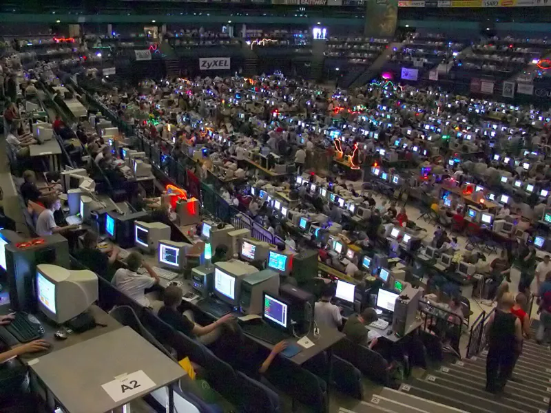 Hackers gathered in an ice rink during the 2004 Assembly demoscene party in Finland